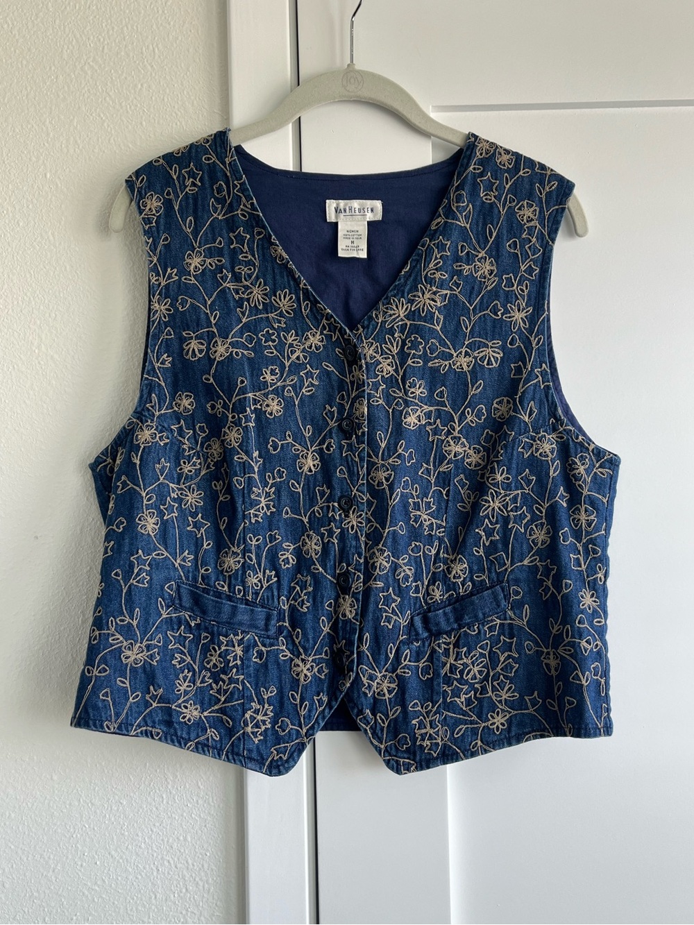 Van Heusen Navy Denim Vest with Tan Floral Embroidery